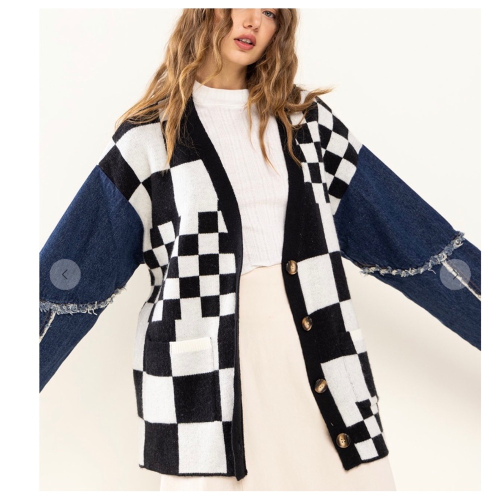 Checkerboard & Denim Button Up Cardigan - Picture 4 of 5